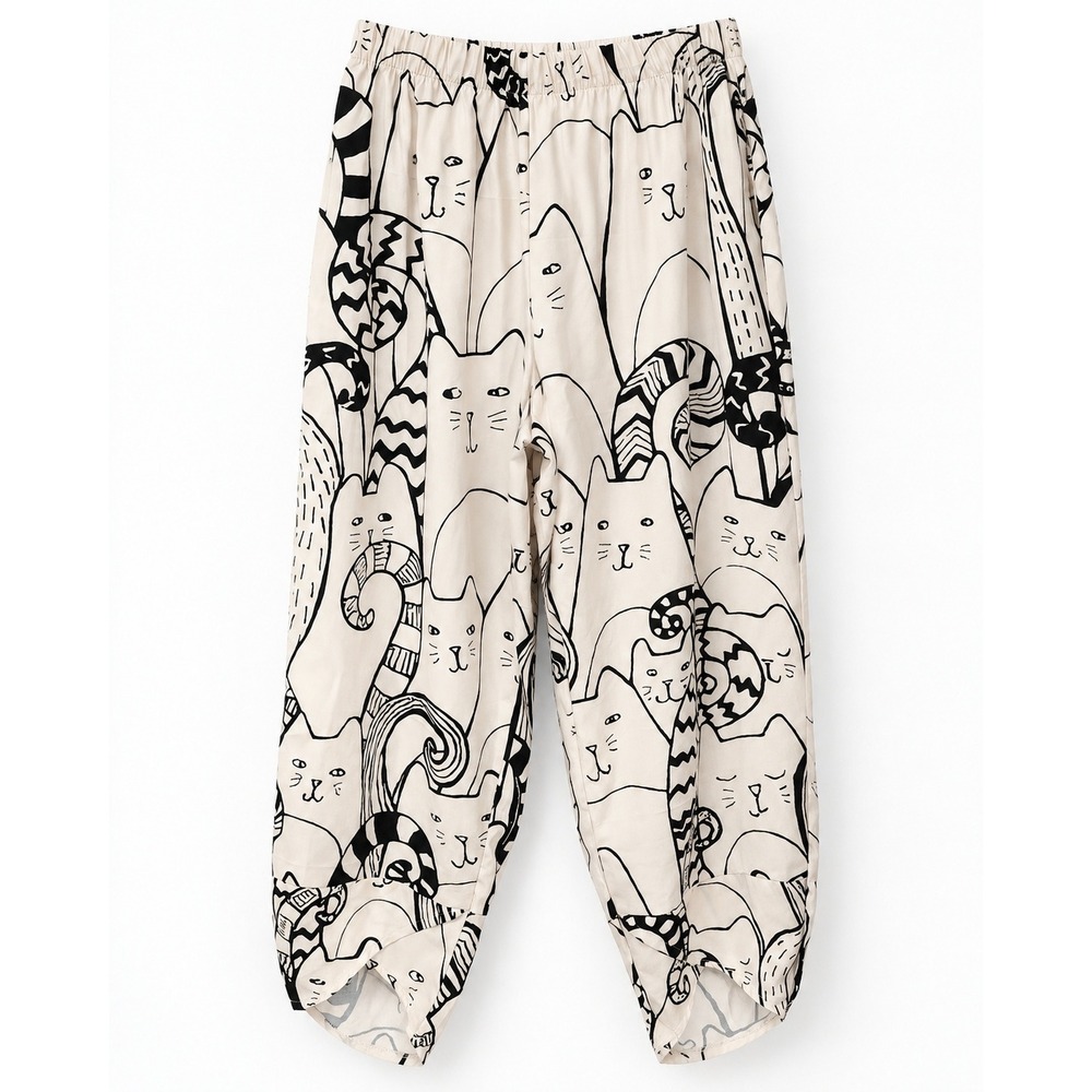 Pantalon Cat Print Pants Size M White Black Elastic Waist Tapered Whimsical